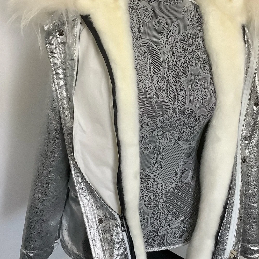 Silver Faux Fur Hooded Jacket, Size M - Picture 8 of 13